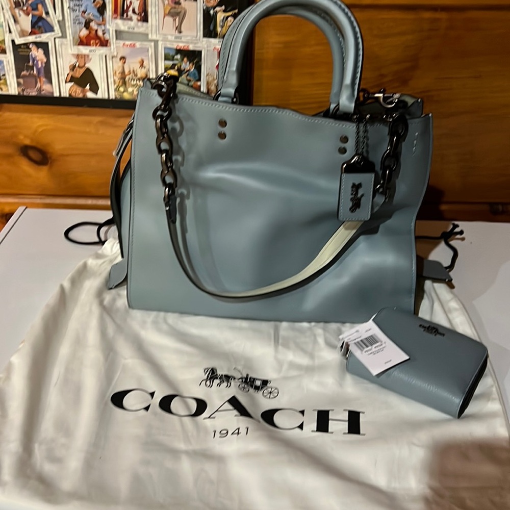 Coach Women's Pale Blue Leather Satchel with Wallet
